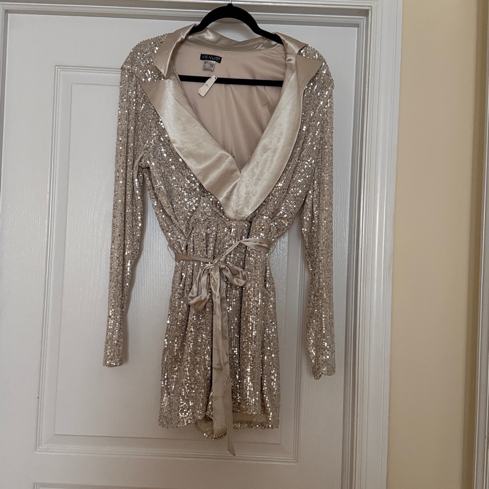 VENUS Champagne Sequin Wrap Romper with Satin Collar